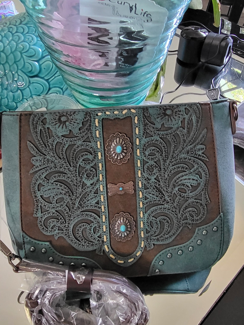 Montana West Turquoise and Brown Embossed Crossbody Bag